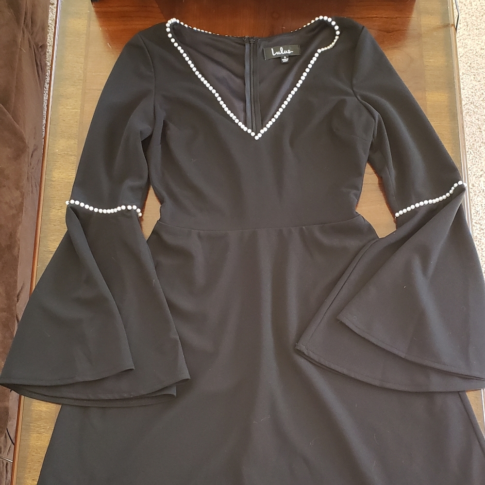 70s Black Mini Dress with Pearl Accents
